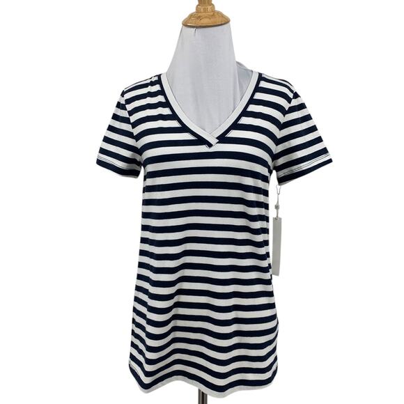 Caslon T Shirt Womens XS Extra Small Navy White V Neck Striped Short Sleeve Tee - Picture 1 of 12